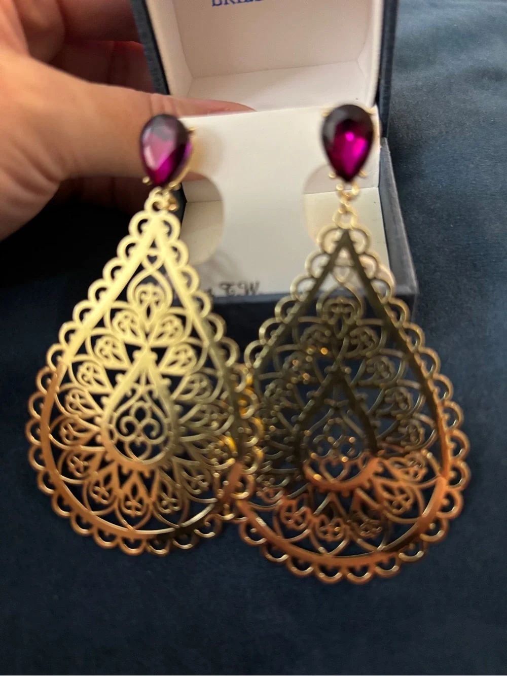 Gold Filigree Teardrop Earrings with Purple Gemstone